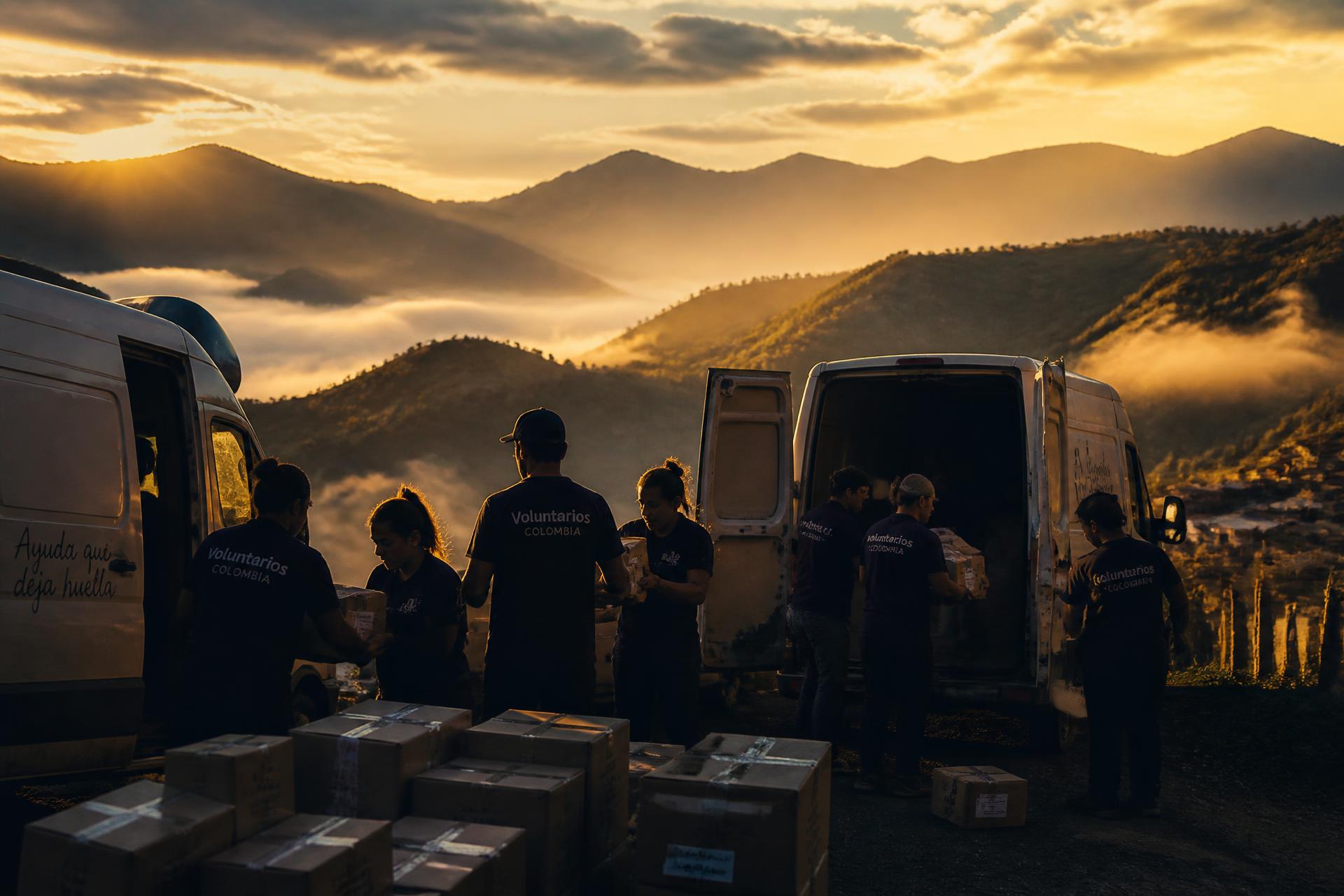 Voluntarios cargando donaciones en vehículos frente a las montañas de Colombia